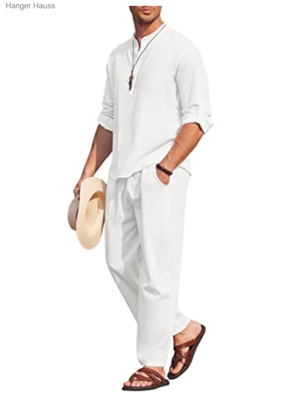 Men's 2 Piece Cotton Linen Set Casual Beach Outfit Long Sleeve Summer Lounge